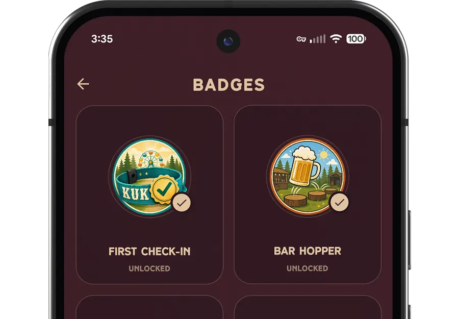 KUK app badges and rewards screen