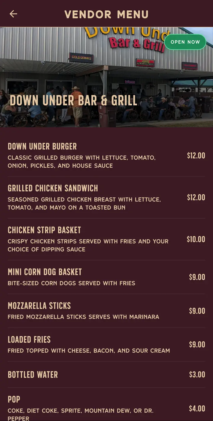 KUK app Food Vendors screen
